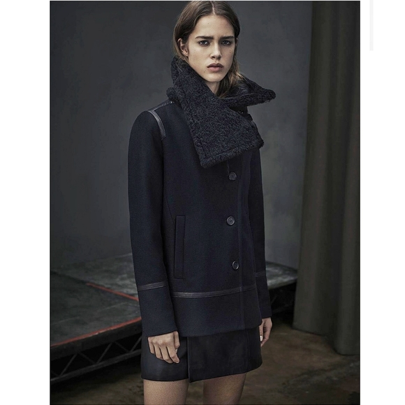 All Saints Okito Minimilist Wool Shearling Collar Pea Lamb Leather Coat - Picture 1 of 11